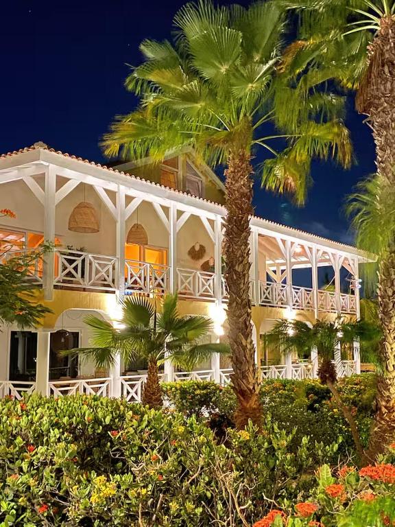 Het verlichte balkon van Penthouse Tropicana tussen de palmbomen